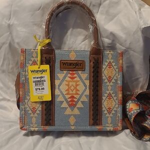Wrangler Blue and Brown Tote Bag with Geometric Patterns